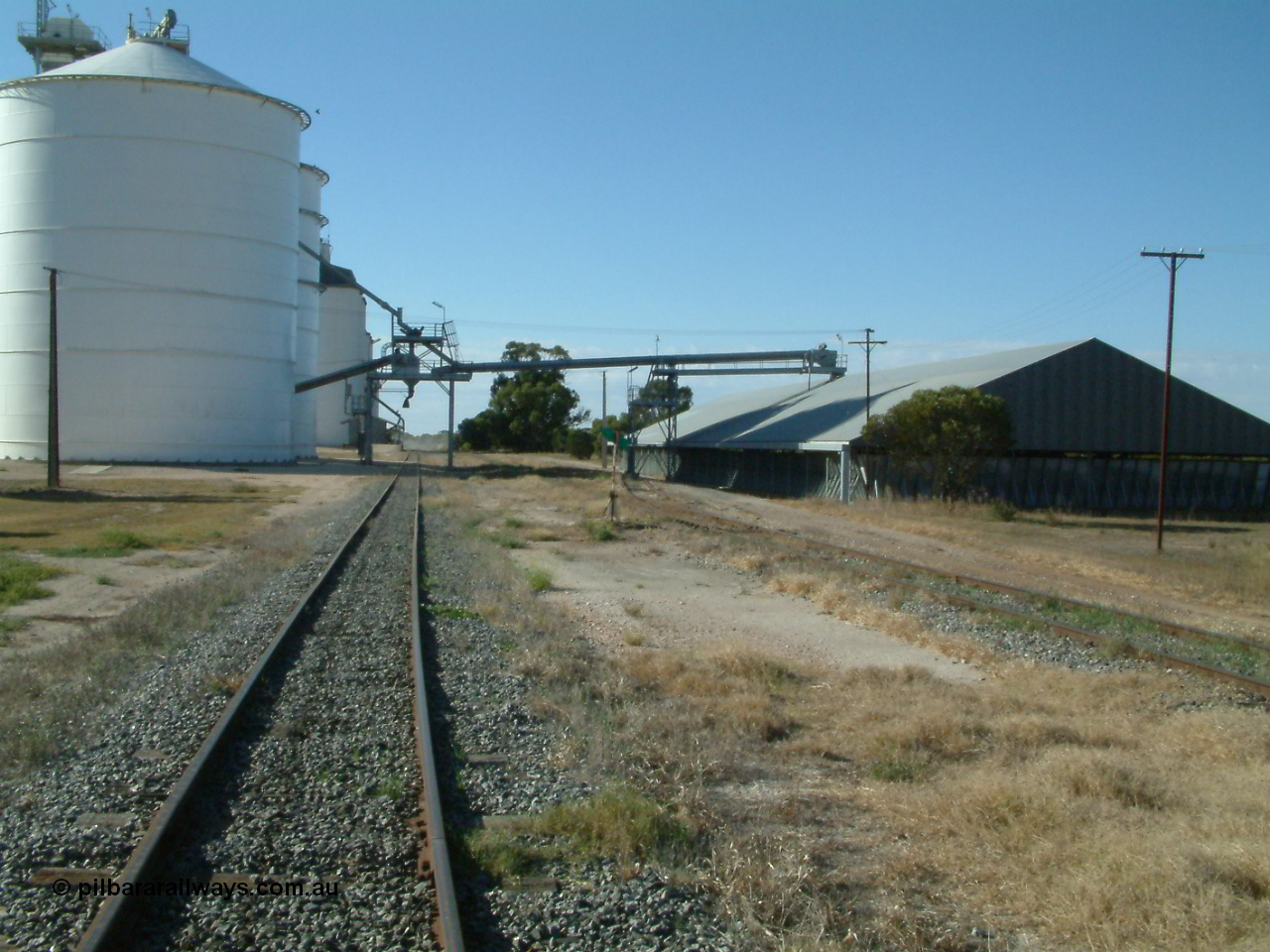 030405 155752
Lock, yard overview looking north along the grain siding, mainline to the right, Ascom style silo complex Block 5 with outflow spout visible on the left, point lever and indicator for horizontal grain shed siding in the middle of frame, and transfer auger across tracks. 5th April 2003.

