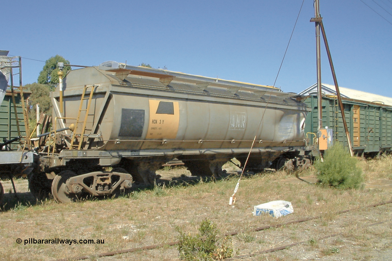 030406 115746
Port Lincoln, derailment damaged HCN type bogie wheat waggon HCN 3, modified at Islington Workshops in 1978-80 which started life as a Tulloch built NHB type iron ore hopper for the CR on the North Australia Railway in 1968-69. 6th April 2003.
Keywords: HCN-type;HCN3;SAR-Islington-WS;rebuild;Tulloch-Ltd-NSW;NHB-type;NHB1595;