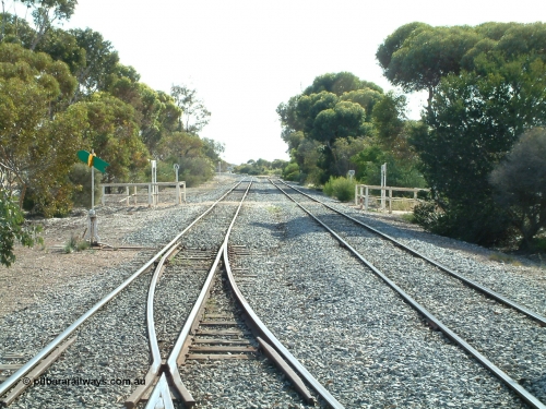 030406 094634
Cummins, track view looking north at the north end of the yard, Thevenard line curves away to the left while the Buckleboo line curves away to the right across the pedestrian crib crossing. The points, lever and indicator are for the crossovers which form the crossing loop. 6th April 2003.
