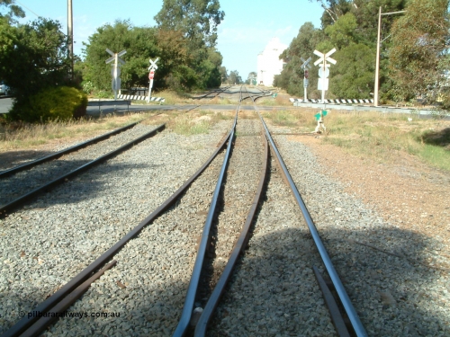 030406 094906
Cummins, yard view looking south along the mainline, points lever and indicator for the crossover to the Buckleboo line visible, Hall St grade crossing, then the points and levers for the grain and goods loading ramp sidings beyond. Buckleboo line is on the left. 6th April 2003.

