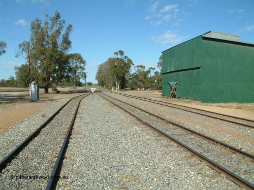 030406 095704
Cummins, yard view looking south, Buckleboo line - siding converging with mainline in the middle with grain siding on the right. Train control concrete booth on the left, Railway Tce grade crossing, green possible former fertiliser shed. 6th April 2003.
