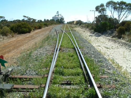 030406 103550
Edillilie, station located at the 51.3 km, opened in November 1907 as Mortlock, renamed in October 1908. Yard overview looking north with silo complexes on the left. 6th April 2003.
