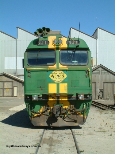 030406 113716
Port Lincoln loco workshops, still wearing the former owner's AN livery, Australian Southern locomotive and NJ class leader NJ 1 'Ben Chifley' Clyde Engineering EMD model JL22C serial 71-728, cab front view. 6th April 2003.
Keywords: NJ-class;NJ1;Clyde-Engineering-Granville-NSW;EMD;JL22C;71-728;