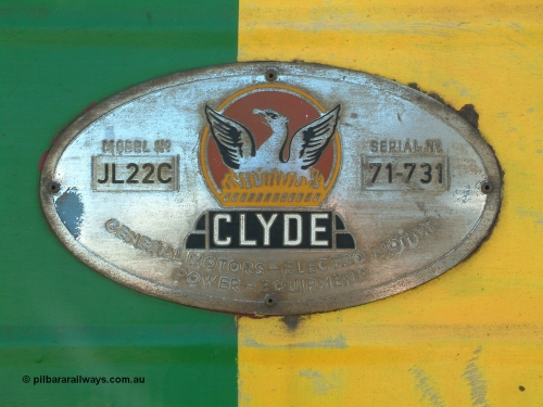 030406 114230
Port Lincoln loco workshops, builders plate for NJ class NJ 4 Clyde Engineering EMD model JL22C serial 71-731. 6th April 2003.
Keywords: NJ-class;NJ4;Clyde-Engineering-Granville-NSW;EMD;JL22C;71-731;