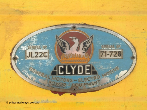 030406 114316
Port Lincoln loco workshops, builders plate for NJ class leader NJ 1 'Ben Chifley' Clyde Engineering EMD model JL22C serial 71-728. 6th April 2003.
Keywords: NJ-class;NJ1;Clyde-Engineering-Granville-NSW;EMD;JL22C;71-728;