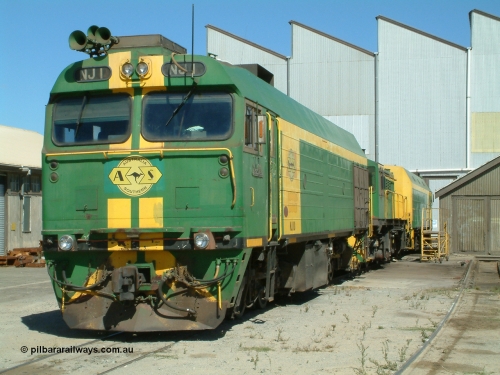 030406 114350
Port Lincoln loco workshops, still wearing the former owner's AN livery, Australian Southern locomotive and NJ class leader NJ 1 'Ben Chifley' Clyde Engineering EMD model JL22C serial 71-728, in multiple unit consist, roster shot. 6th April 2003.
Keywords: NJ-class;NJ1;Clyde-Engineering-Granville-NSW;EMD;JL22C;71-728;