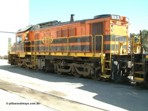 030406 114546
Port Lincoln loco workshops, wearing Australian Southern livery rebuild ALCo locomotive unit DA 7 started life as NSWGR 48 class 4813 AE Goodwin ALCo model DL531 serial 83713, rebuilt by Islington Workshops with long hood and parts from former 830 class 870 AE Goodwin ALCo model DL531 serial G6016-06 in 1998. B end roster view looking forward. April 6, 2003.
Keywords: DA-class;DA7;83713;Port-Augusta-WS;ALCo;DL531G/1;48-class;4813;rebuild;