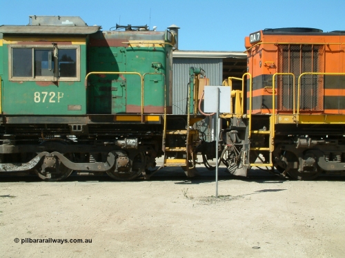 030406 114738
Port Lincoln loco workshops, still in former owner AN livery, Australian Southern 830 class locomotive 872 AE Goodwin ALCo model DL531 serial G3422-02 which has been on the Eyre Peninsula Division since being built in March 1966, cab side shot coupled to the B end of DA 7. 6th April 2003.
Keywords: 830-class;872;AE-Goodwin;ALCo;DL531;G3422-2;