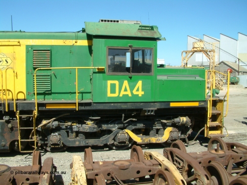 030406 115134
Port Lincoln loco workshops, cab side view of DA 4, former Australian National locomotive rebuilt from former AE Goodwin ALCo model DL531 830 class ex 839, serial 83730, rebuilt by Port Augusta Workshops to DA class. 6th April, 2003.
Keywords: DA-class;DA4;83730;Port-Augusta-WS;ALCo;DL531G/1;830-class;839;rebuild;