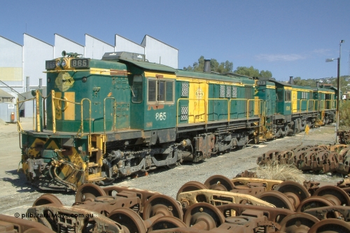 030406 115146
Port Lincoln loco workshops, still in former owner AN livery, Australian Southern 830 class locomotive 865 AE Goodwin ALCo model DL531 serial 84711, roster shot in multi-unit consist with sister unit and a DA class. 6th April 2003.
Keywords: 830-class;865;AE-Goodwin;ALCo;DL531;84711;