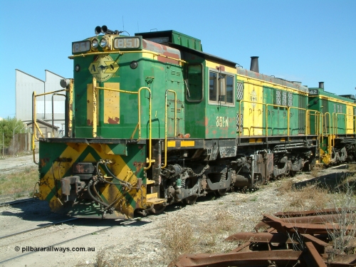 030406 115400
Port Lincoln loco workshops, still in former owner AN livery, Australian Southern 830 class locomotive 851 AE Goodwin ALCo model DL531 serial 84137 which has been on the Eyre Peninsula Division since being built in April 1962, roster shot coupled to sister unit. April 6, 2003.
Keywords: 830-class;851;AE-Goodwin;ALCo;DL531;84137;
