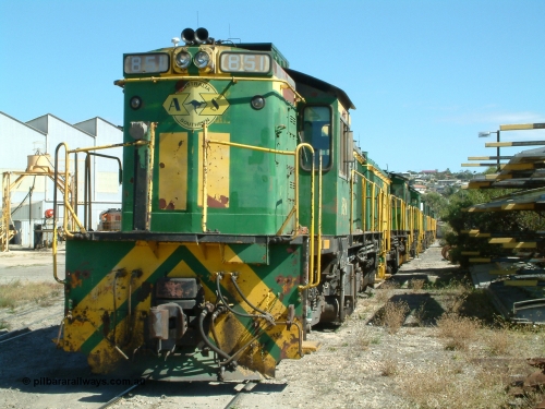 030406 115424
Port Lincoln loco workshops, still in former owner AN livery, Australian Southern 830 class locomotive 851 AE Goodwin ALCo model DL531 serial 84137 which has been on the Eyre Peninsula Division since being built in April 1962, stabled motive power over the weekend downtime. 6th April 2003.
Keywords: 830-class;851;AE-Goodwin;ALCo;DL531;84137;