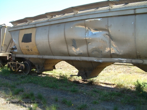 030406 115702
Port Lincoln, derailment damaged HCN type bogie wheat waggon HCN 18, modified at Islington Workshops in 1978-80 which started life as a Tulloch built NHB type iron ore hopper for the CR on the North Australia Railway in 1968-69. It was scrapped in May 2003, not long after this image was taken. April 6, 2003.
Keywords: HCN-type;HCN18;SAR-Islington-WS;rebuild;Tulloch-Ltd-NSW;NHB-type;NHB1010;