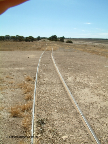 030406 142256
Kapinnie, track view looking west towards the terminus showing the siding extension with offset in rails, silos and loading ramp behind camera. 6th April 2003.
