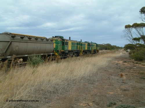 030407 092840
Yaninee, trailing view of an empty grain train behind a trio of former Australian National Co-Co locomotives with rebuilt former AE Goodwin ALCo model DL531 830 class ex 839, serial no. 83730, rebuilt by Port Augusta Workshops to DA class, leading two AE Goodwin ALCo model DL531 830 class units 842, serial no. 84140 and 851 serial no. 84137, 851 having been on the Eyre Peninsula since delivered in 1962, running express on the mainline. 7th April, 2003.
Keywords: DA-class;DA4;83730;Port-Augusta-WS;ALCo;DL531G/1;830-class;839;rebuild;