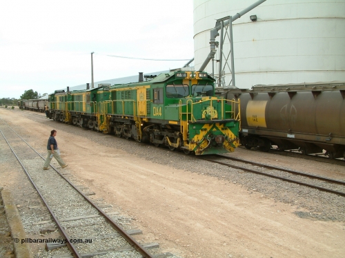 030407 120204
Poochera, trio of former Australian National locomotives with rebuilt former AE Goodwin ALCo model DL531 830 class ex 839 serial 83730 by Port Augusta Workshops to DA class DA 4 leading two AE Goodwin ALCo model DL531 830 class units 842 serial 84140 and 851 serial 84137, 851 having been on the Eyre Peninsula since delivered in 1962, as they run round the loaded ones to take south. 7th April 2003.
Keywords: DA-class;DA4;83730;Port-Augusta-WS;ALCo;DL531G/1;830-class;839;rebuild;