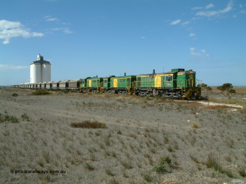 030409 140558
Wharminda, loaded grain train arrives behind 830 class unit 851 AE Goodwin ALCo model DL531 serial 84137, 851 has spent its entire operating career on the Eyre Peninsula, with fellow 830 class 842 serial 84140 and a rebuilt unit DA 4 as they stop to pick up loaded waggons.
Keywords: 830-class;851;AE-Goodwin;ALCo;DL531;84137;