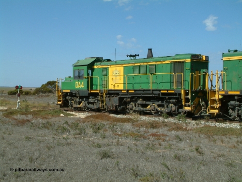 030409 140747
Wharminda, former Australian National DA class locomotive DA 4 is a rebuilt former AE Goodwin ALCo model DL531 830 class ex 839, serial 83730, it was rebuilt by Port Augusta Workshops to DA class.
Keywords: DA-class;DA4;83730;Port-Augusta-WS;ALCo;DL531G/1;830-class;839;rebuild;