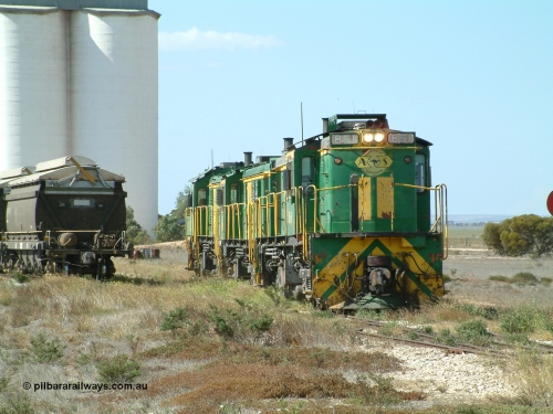 030409 140821
Wharminda, the engines 830 class unit 851 AE Goodwin ALCo model DL531 serial 84137, fellow 830 class 842 serial 84140 and a rebuilt unit DA 4 shunt back into the grain loop to pick up loaded waggons.
Keywords: 830-class;851;AE-Goodwin;ALCo;DL531;84137;
