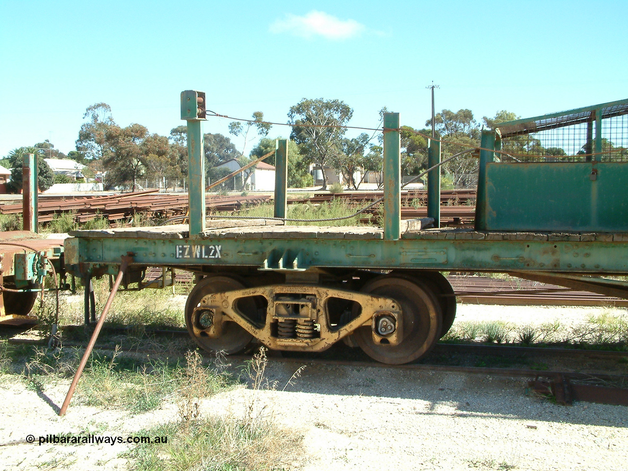 030411 110018
Kimba, rail recovery winch waggon EZWL 2, built using underframe of broad gauge horse box BH 4331. To Eyre Peninsula 1992, recoded then from AZWL.
Keywords: EZWL-type;EZWL2;SAR-Islington-WS;BH-type;BH4331;