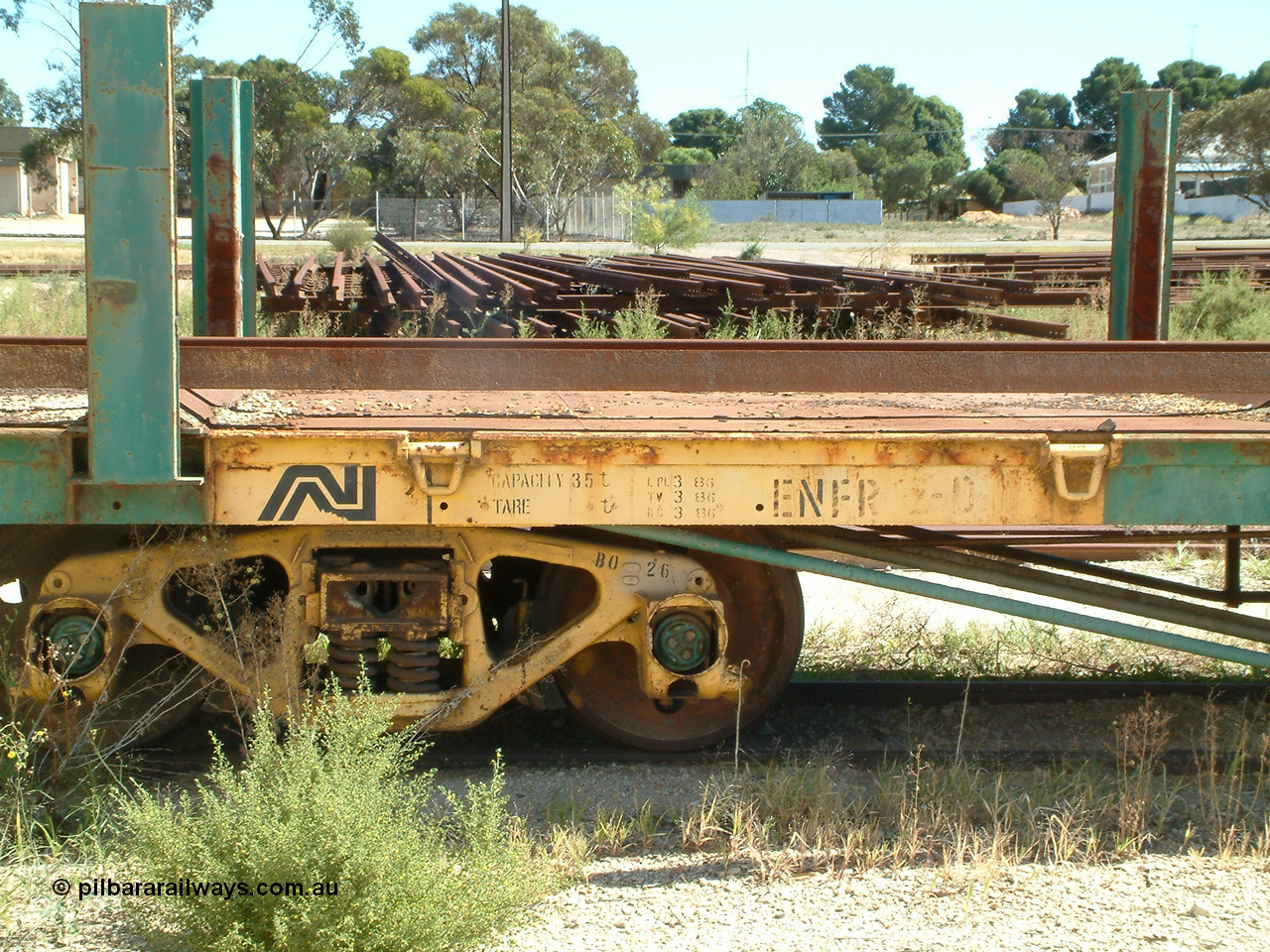 030411 110040
Kimba, rail transport waggon ENFR 2, originally built as 40' flat waggon NRF 900 in 1943. Transferred to Eyre Peninsula in 1984 and recoded to ENFR in 1985. Scrapped here at Kimba in 2005.
Keywords: ENFR-type;ENFR2;NRF900;NRF-type;