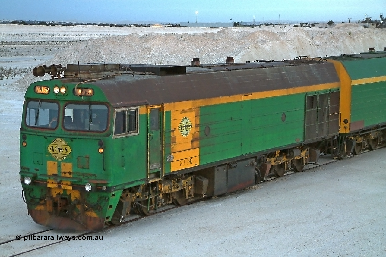 030415 070420
Kevin, NJ class Clyde Engineering EMD JL22C model unit serial 71-732, built in 1971 at Clyde's Granville NSW workshops, started out on the Central Australia Railway for the Commonwealth Railways before being transferred to the Eyre Peninsula system in 1981. Still in AN green but lettered for Australian Southern Railroad. At the [url=https://goo.gl/maps/fjUHW]Kevin loading point[/url].
Keywords: NJ-class;NJ5;71-732;Clyde-Engineering-Granville-NSW;EMD;JL22C;
