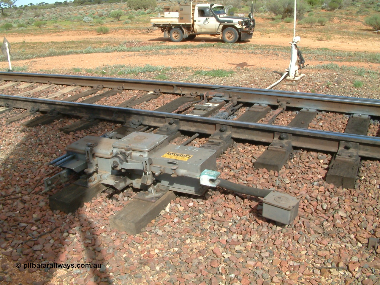 030415 135353
Kingoonya, located at the 426.5 km on the Trans Australian Railway, dual control point machine at eastern end of loop with manual lever and indicator opposite. [url=https://goo.gl/maps/7TMcikXj33EqWvyCA]GeoData location[/url].
