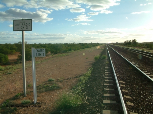 030415 171516
Tarcoola, at the 504.5 km, looking west along the Trans Australian line, Central Australian line on the right at the western yard limit and radio channel change boards. Tarcoola is the junction for the TAR and CAR railways. [url=https://goo.gl/maps/HiaY1eD55ojKxzvt6]GeoData location[/url]. 15th April 2003.
