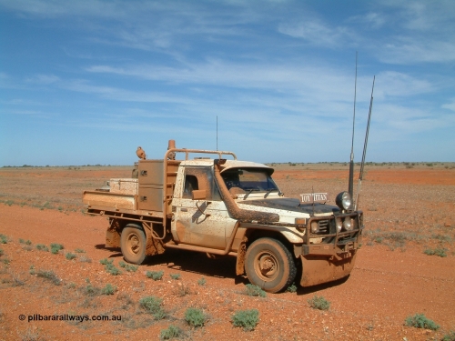 030416 110340
Here we are at a siding on the Tarcoola - Alice Springs railway line, Manguri which is 200 km north of Tarcoola and 40 km from Coober Pedy. As you can see the track was a bit wet. 1April 6, 2003. [url=https://goo.gl/maps/y8coKnvDBraSuT8G7]GeoData location[/url]. 1April 6, 2003.
