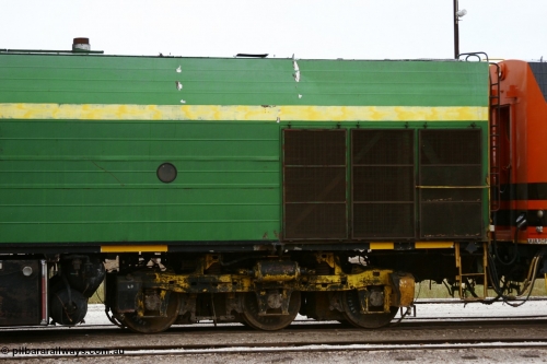 051102 6633
Thevenard, left hand side radiator air inlet grill of NJ class Clyde Engineering EMD JL22C model unit NJ 6 serial 71-733, built in 1971 at Clyde's Granville NSW workshops, started out on the Central Australia Railway for the Commonwealth Railways before being transferred to the Eyre Peninsula system in 1981. Still in AN green but lettered for Australian Southern Railroad. 
Keywords: NJ-class;NJ6;Clyde-Engineering-Granville-NSW;EMD;JL22C;71-733;