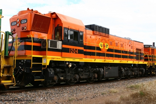 060108 2055
Lock, ARG 1200 class unit 1204, a Clyde Engineering EMD model G12C serial 65-428, final of fourteen originally built between 1960-65 for WAGR as their A class A 1514, fitted with dynamic brakes and financed by Western Mining Corporation, started on the Eyre Peninsula in August 2004.
Keywords: 1200-class;1204;Clyde-Engineering-Granville-NSW;EMD;G12C;65-428;A-class;A1514;