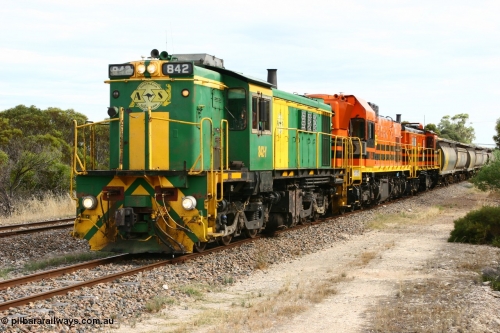 060108 2059
Lock, grain train being loaded by former SAR 830 class unit 842, built by AE Goodwin ALCo model DL531 serial 84140 in 1962, originally on broad gauge, transferred to Eyre Peninsula in October 1987 and, 1204 and sister 851.
Keywords: 830-class;842;AE-Goodwin;ALCo;DL531;84140;