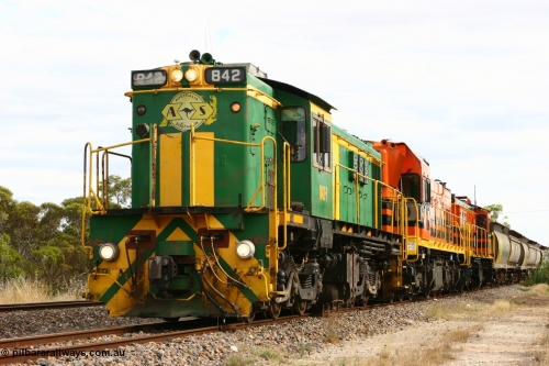 060108 2061
Lock, grain train being loaded by former SAR 830 class unit 842, built by AE Goodwin ALCo model DL531 serial 84140 in 1962, originally on broad gauge, transferred to Eyre Peninsula in October 1987 and, 1204 and sister 851.
Keywords: 830-class;842;AE-Goodwin;ALCo;DL531;84140;