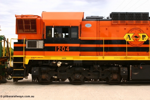 060108 2079
Lock, ARG 1200 class unit 1204, a Clyde Engineering EMD model G12C serial 65-428, final of fourteen originally built between 1960-65 for WAGR as their A class A 1514, fitted with dynamic brakes and financed by Western Mining Corporation, started on the Eyre Peninsula in August 2004.
Keywords: 1200-class;1204;Clyde-Engineering-Granville-NSW;EMD;G12C;65-428;A-class;A1514;