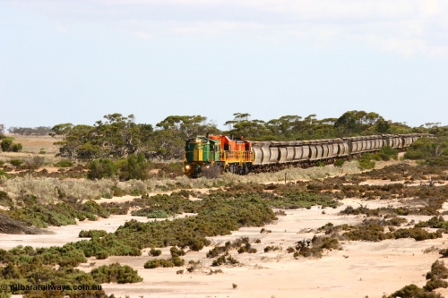 060109 2089
Kyancutta at the 198 km, ASR 830 class unit 842, an AE Goodwin built ALCo DL531 model loco serial 84140 leads EMD unit 1204 due to air-conditioning trouble and sister ALCo 851 across a dry salt soak with a north bound empty grain train. 9th January 2006.
Keywords: 830-class;842;AE-Goodwin;ALCo;DL531;84140;