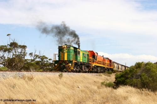 060109 2106
Kyancutta, Kyancutta Tanks Rd grade crossing, ASR 830 class unit 842, an AE Goodwin built ALCo DL531 model loco serial 84140 leads EMD unit 1204 due to air-conditioning trouble and sister ALCo 851 lift the empty north bound grain train away from crew change. 9th January 2006.
Keywords: 830-class;842;AE-Goodwin;ALCo;DL531;84140;