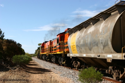 060109 2110
Kyancutta, Kyancutta Tanks Rd grade crossing, ASR 830 class unit 842, an AE Goodwin built ALCo DL531 model loco serial 84140 leads EMD unit 1204 due to air-conditioning trouble and sister ALCo 851 lift the empty north bound grain train away from crew change. 9th January 2006.
