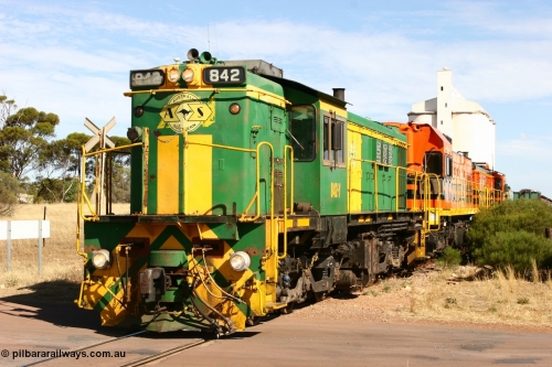060109 2127
Kyancutta, ASR 830 class unit 842, an AE Goodwin built ALCo DL531 model loco serial 84140 leads EMD unit 1204 due to air-conditioning trouble and sister ALCo 851 as they shunt across Museum Terrace to re-join the train on the mainline. 9th January 2006.
Keywords: 830-class;842;AE-Goodwin;ALCo;DL531;84140;