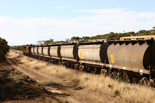 060109 2149
Wannamana, view looking towards the front of the train along a string of seven HCN type bogie wheat waggons, modified at Islington Workshops in 1978-80 which started life as a Tulloch built NHB type iron ore hopper for the CR on the North Australia Railway in 1968-69, an SAR built HAN type HAN 16 is following them [url=https://goo.gl/maps/43EOs]on the curve[/url]. 9th January 2006.
Keywords: HCN-type;HAN-type;Tulloch-Ltd-NSW;NHB-type;