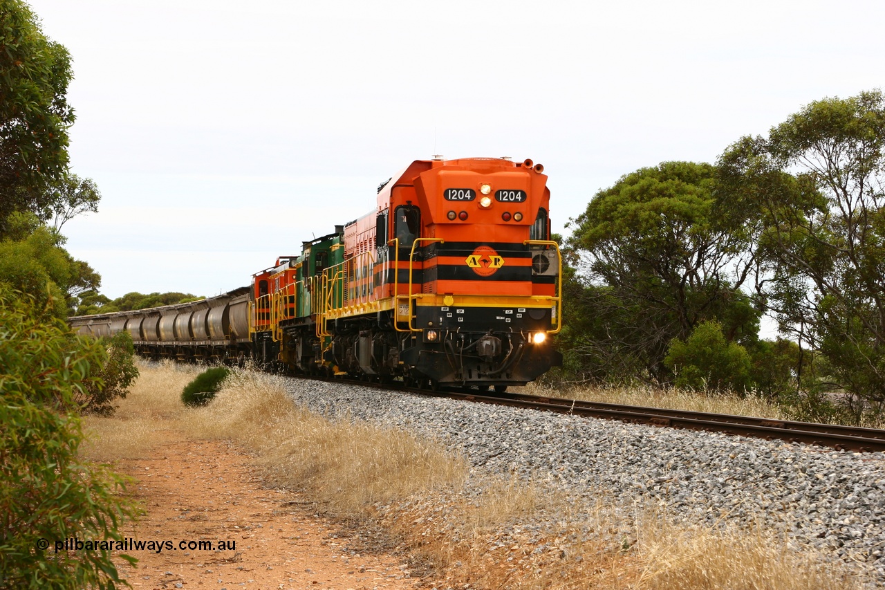060110 2157
Near the 64 km between Pillana and Cummins, empty grain train behind ARG 1200 class unit 1204, a Clyde Engineering EMD model G12C serial 65-428, originally built for the WAGR as the final unit of fourteen A class locomotives in 1965 then sent to the Eyre Peninsula in July 2004, and two 830 class AE Goodwin built ALCo model DL531 units 842 serial 84140 ex SAR broad gauge to Eyre Peninsula in October 1987, and 851 serial 84137 new to Eyre Peninsula in 1962. [url=https://goo.gl/maps/NECDZnDkLfv]Approx. location of photo[/url].
Keywords: 1200-class;1204;Clyde-Engineering-Granville-NSW;EMD;G12C;65-428;A-class;A1514;830-class;842;851;AE-Goodwin;ALCo;DL531;84137;84140;