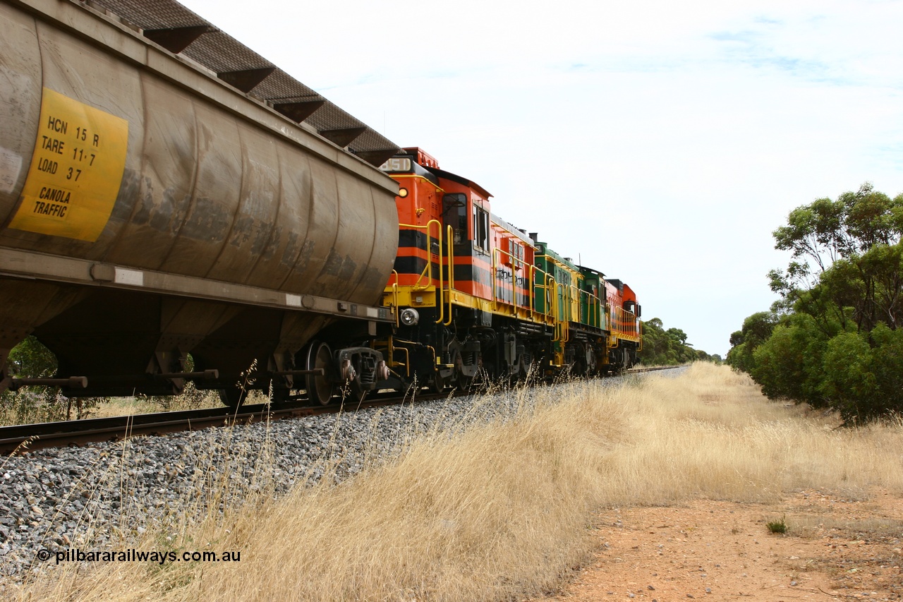 060110 2161
Near the 64 km between Pillana and Cummins, empty grain train behind ARG 1200 class unit 1204, a Clyde Engineering EMD model G12C serial 65-428, originally built for the WAGR as the final unit of fourteen A class locomotives in 1965 then sent to the Eyre Peninsula in July 2004, and two 830 class AE Goodwin built ALCo model DL531 units 842 serial 84140 ex SAR broad gauge to Eyre Peninsula in October 1987, and 851 serial 84137 new to Eyre Peninsula in 1962. [url=https://goo.gl/maps/NECDZnDkLfv]Approx. location of photo[/url].
Keywords: 1200-class;1204;Clyde-Engineering-Granville-NSW;EMD;G12C;65-428;A-class;A1514;830-class;842;851;AE-Goodwin;ALCo;DL531;84137;84140;