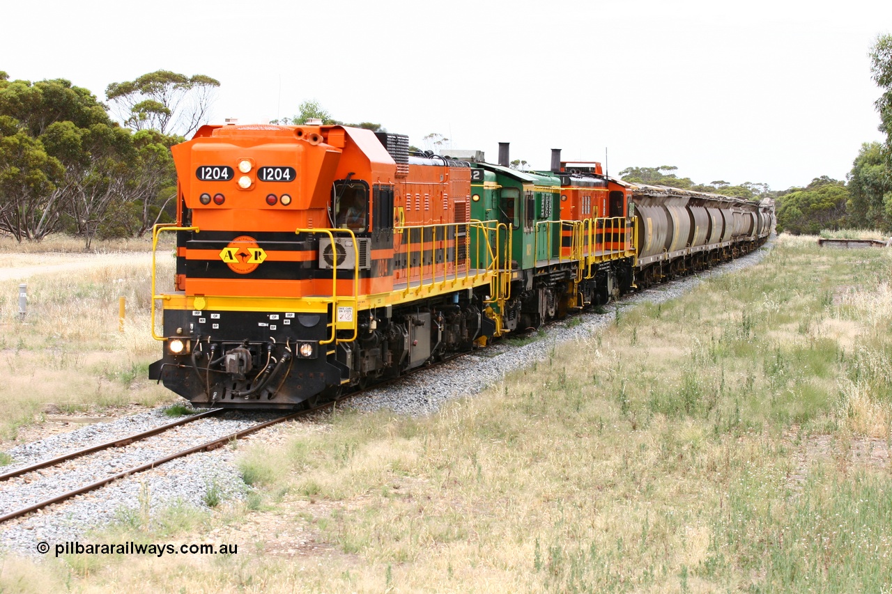 060110 2233
Karkoo, empty grain train behind ARG 1200 class unit 1204, a Clyde Engineering EMD model G12C serial 65-428, originally built for the WAGR as the final unit of fourteen A class locomotives in 1965 and sent to the Eyre Peninsula in July 2004 and two 830 class AE Goodwin built ALCo model DL531 units 842 serial 84140 ex SAR broad gauge and to Eyre Peninsula in October 1987, and 851 serial 84137 new to Eyre Peninsula in 1962. [url=https://goo.gl/maps/syz89ziXmoL2]Approx. location of image[/url].
Keywords: 1200-class;1204;Clyde-Engineering-Granville-NSW;EMD;G12C;65-428;A-class;A1514;830-class;842;851;AE-Goodwin;ALCo;DL531;84137;84140;