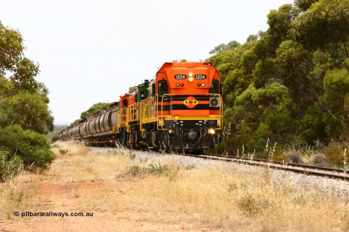 060110 2182
Near the 78 km, empty grain train with ARG 1200 class unit 1204, a Clyde Engineering EMD model G12C serial 65-428, originally built for the WAGR as the final unit of fourteen A class locomotives in 1965 and sent to the Eyre Peninsula in July 2004 and two 830 class AE Goodwin built ALCo model DL531 units 842 serial 84140 ex SAR broad gauge to Eyre Peninsula in October 1987, and 851 serial 84137 new to Eyre Peninsula in 1962. [url=https://goo.gl/maps/bAmc6CyEwC42]Approx. location of image[/url].
Keywords: 1200-class;1204;Clyde-Engineering-Granville-NSW;EMD;G12C;65-428;A-class;A1514;830-class;842;851;AE-Goodwin;ALCo;DL531;84137;84140;