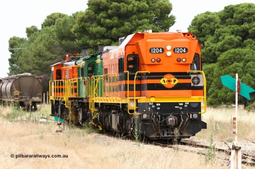060110 2207
Yeelanna, ARG 1200 class unit 1204, a Clyde Engineering EMD model G12C serial 65-428, originally built for the WAGR as the final unit of fourteen A class locomotives in 1965 and sent to the Eyre Peninsula in July 2004 shunts back onto its train of empties on the mainline. [url=https://goo.gl/maps/1JetzWBTGAw]Approx. location of image[/url].
Keywords: 1200-class;1204;Clyde-Engineering-Granville-NSW;EMD;G12C;65-428;A-class;A1514;830-class;842;851;AE-Goodwin;ALCo;DL531;84137;84140;