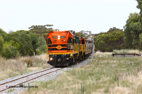 060110 2228
Karkoo, empty grain train behind ARG 1200 class unit 1204, a Clyde Engineering EMD model G12C serial 65-428, originally built for the WAGR as the final unit of fourteen A class locomotives in 1965 and sent to the Eyre Peninsula in July 2004 and two 830 class AE Goodwin built ALCo model DL531 units 842 serial 84140 ex SAR broad gauge and to Eyre Peninsula in October 1987, and 851 serial 84137 new to Eyre Peninsula in 1962. [url=https://goo.gl/maps/syz89ziXmoL2]Approx. location of image[/url].
Keywords: 1200-class;1204;Clyde-Engineering-Granville-NSW;EMD;G12C;65-428;A-class;A1514;