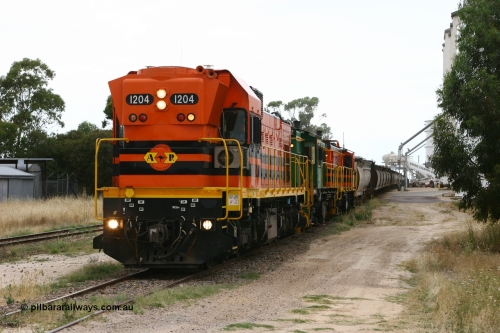 060110 2237
Lock, grain train loading underway behind ARG 1200 class unit 1204, a Clyde Engineering EMD model G12C serial 65-428, originally built for the WAGR as the final unit of fourteen A class locomotives in 1965 and sent to the Eyre Peninsula in July 2004 and two 830 class AE Goodwin built ALCo model DL531 units 842 serial 84140 ex SAR broad gauge and to Eyre Peninsula in October 1987, and 851 serial 84137 new to Eyre Peninsula in 1962. [url=https://goo.gl/maps/epTNTP7PARy]Approx. location of image[/url].
Keywords: 1200-class;1204;Clyde-Engineering-Granville-NSW;EMD;G12C;65-428;A-class;A1514;