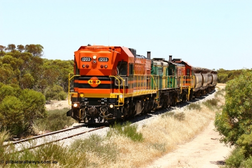 060111 2248
Tooligie, Mac's Road grade crossing at the 110 km, ARG 1200 class unit 1203, a Clyde Engineering EMD model G12C serial 65-427, one of fourteen originally built between 1960-65 for WAGR as their A class A 1513, fitted with dynamic brakes and financed by Western Mining Corporation, started working on the Eyre Peninsula in November 2004 leads an empty grain train north. 11th January 2006.
Keywords: 1200-class;1203;Clyde-Engineering-Granville-NSW;EMD;G12C;65-427;A-class;A1513;