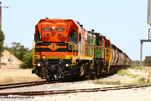 060111 2258
Tooligie, ARG 1200 class unit 1203, a Clyde Engineering EMD model G12C serial 65-427, one of fourteen originally built between 1960-65 for WAGR as their A class A 1513, fitted with dynamic brakes and financed by Western Mining Corporation, started working on the Eyre Peninsula in November 2004 and its grain train. 11th January 2006.
Keywords: 1200-class;1203;Clyde-Engineering-Granville-NSW;EMD;G12C;65-427;A-class;A1513;