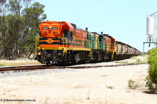 060111 2259
Tooligie, ARG 1200 class unit 1203, a Clyde Engineering EMD model G12C serial 65-427, one of fourteen originally built between 1960-65 for WAGR as their A class A 1513, fitted with dynamic brakes and financed by Western Mining Corporation, started working on the Eyre Peninsula in November 2004 and its grain train. 11th January 2006.
Keywords: 1200-class;1203;Clyde-Engineering-Granville-NSW;EMD;G12C;65-427;A-class;A1513;