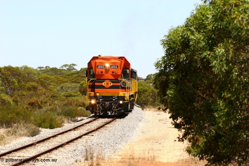 060111 2267
Tooligie, empty grain train running north behind ARG 1200 class unit 1203, a Clyde Engineering EMD model G12C serial 65-427, one of fourteen originally built between 1960-65 for WAGR as their A class A 1513, fitted with dynamic brakes and financed by Western Mining Corporation, started working on the Eyre Peninsula in November 2004. 11th January 2006.
Keywords: 1200-class;1203;Clyde-Engineering-Granville-NSW;EMD;G12C;65-427;A-class;A1513;